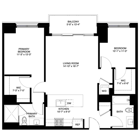 Floor plan for 2 beds, 2 baths, 1093 sqft